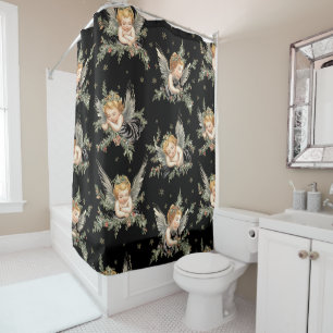 Vintage angels pattern black shower curtain