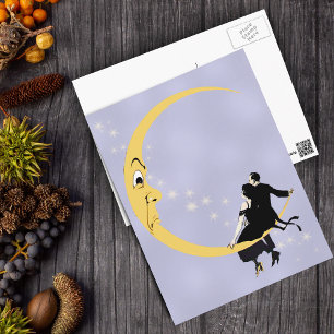 Vintage Angry Crescent Moon Face Stars Couple Postcard