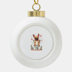 Vintage Angry French Bulldog Holding Toilet Paper  Ceramic Ball Christmas Ornament
