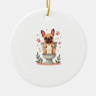 Vintage Angry French Bulldog Holding Toilet Paper  Ceramic Ornament