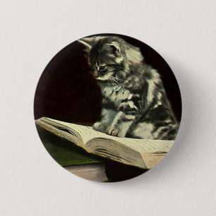 Vintage Animal, Cute Victorian Kitten Reading Book 6 Cm Round Badge