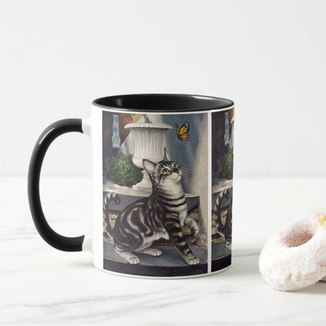 Vintage Animals, Cute Tabby Cat snd Butterfly Mug (With Donut)