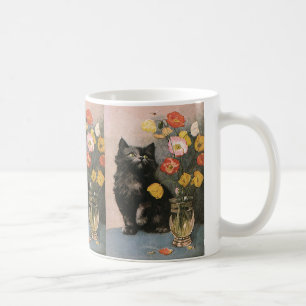 Vintage Animals, Cute Victorian Kitten and Flowers Coffee Mug