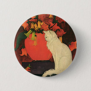 Vintage Animals, Elegant White Cat, Autumn Flowers 6 Cm Round Badge