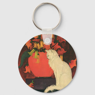 Vintage Animals, Elegant White Cat, Autumn Flowers Key Ring