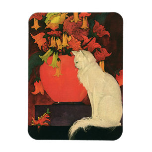 Vintage Animals, Elegant White Cat, Autumn Flowers Magnet