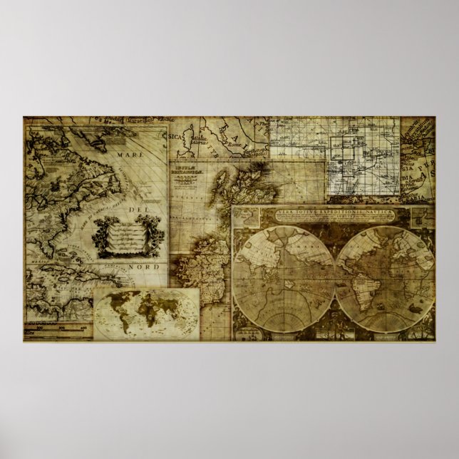 Vintage antique and rustic, world Maps Poster (Front)