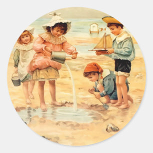 Vintage Antique Beach Boy Girl Children Fine Art Classic Round Sticker