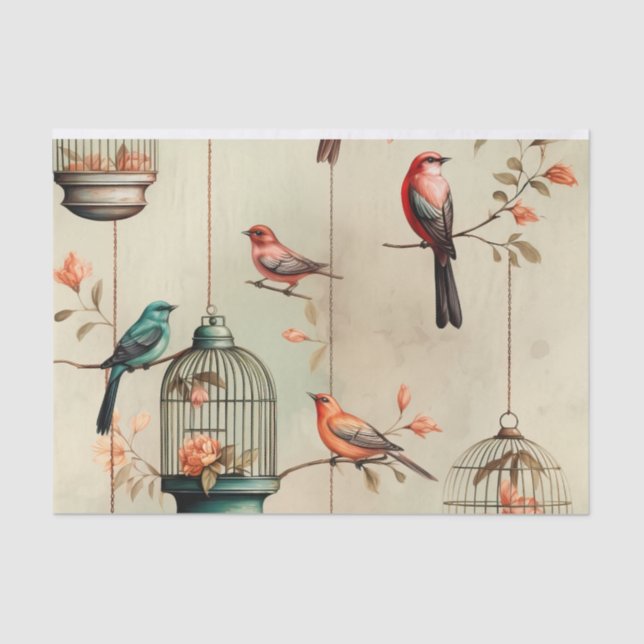 Vintage Antique Birdcages and Birds Decoupage Tissue Paper (Front)