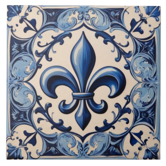 Vintage Antique Blue Fleur de Lis Ceramic Tile (Front)