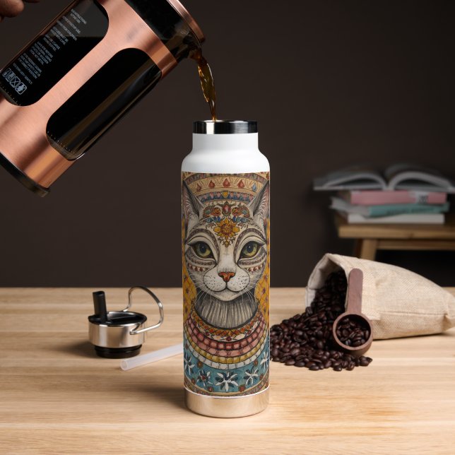 Vintage, Antique Cat and Motif Pattern Water Bottle (Coffee (Rotated))