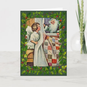 Vintage/Antique Christmas Card-Quilts, Santa Holiday Card