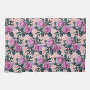 Vintage Antique Damask Pink Roses Tea Towel