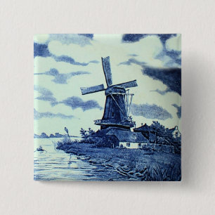 Vintage Antique Delft Blue Tile - Windmill 15 Cm Square Badge