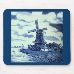 Vintage Antique Delft Blue Tile - Windmill Mouse Pad