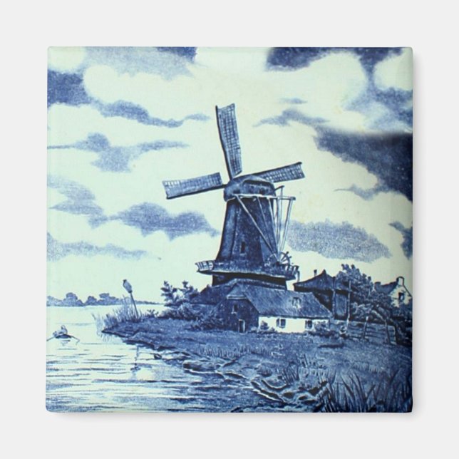 Vintage Antique Delft Blue Tile - Windmill Pinback Magnet (Front)