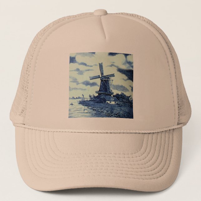 Vintage Antique Delft Blue Tile - Windmill Trucker Hat (Front)