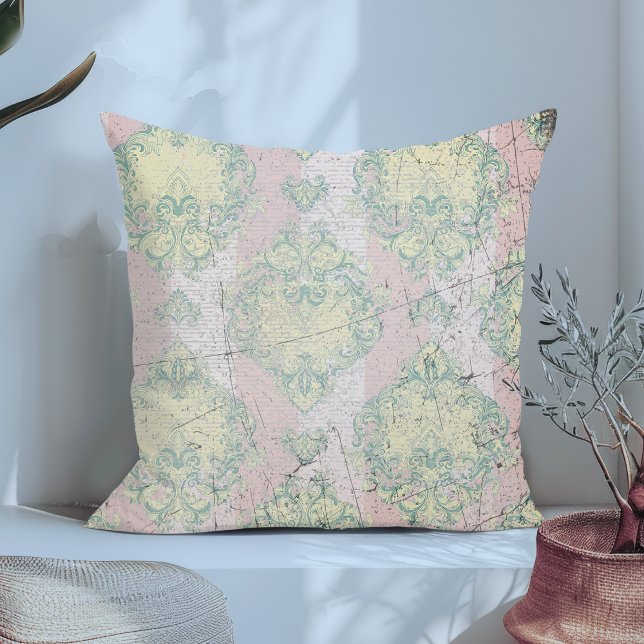 Vintage Antique Distressed Yellow and Pink Damask Cushion (Creator Uploaded)