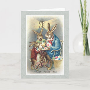 Vintage Antique Easter Card Dressed Rabbit Eggs