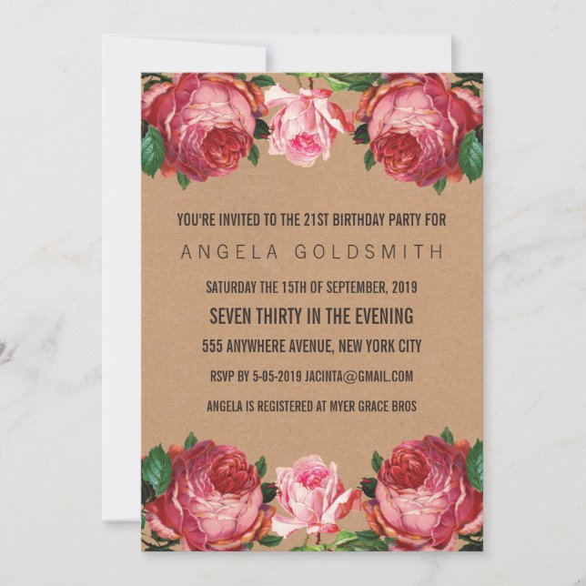 Vintage Antique Floral 21st Birthday Invites (Front)