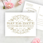 Vintage Antique Gold White Flourish Save the Date<br><div class="desc">Decorative swirls and flourishes frame this elegant vintage inspired wedding save the date card design. White and antique gold colour scheme.</div>