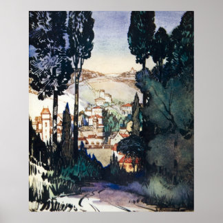 Vintage Antique Landscape Watercolor Fiesole Italy Poster