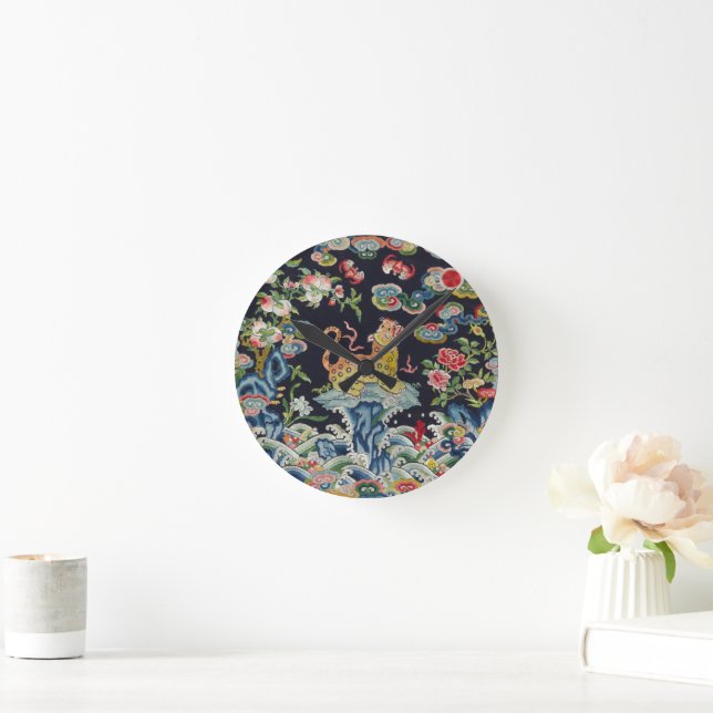 vintage antique leopard flowers embroidery textile round clock (Home)