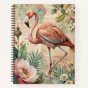 VINTAGE ANTIQUE LOOK PINK FLAMINGO & FLOWERS NOTEBOOK