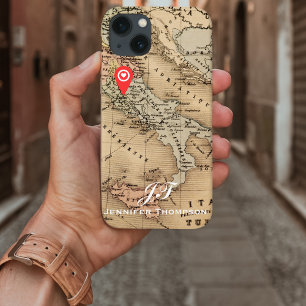Vintage Antique Map of Italy, Vacation, Monogram iPhone 13 Case