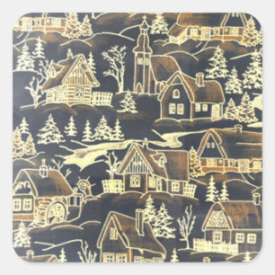 Vintage Antique Merry Christmas Holiday Village Square Sticker