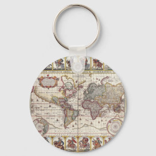 Vintage Antique Old World Map Design Faded Print Key Ring