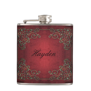 Vintage Antique Ornate Red Gold Personalised Hip Flask