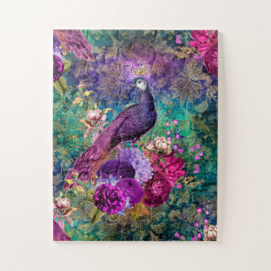 Vintage Antique Purple and Teal Peacock 11x14 Jigsaw Puzzle