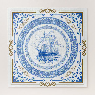 Vintage antique royal blue ship decorative border jigsaw puzzle
