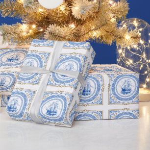 Vintage antique royal blue ship decorative border wrapping paper