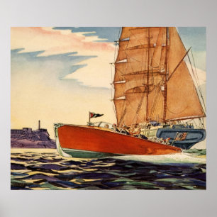 Vintage Antique Sailboat Motor Boat Ocean Wave Poster