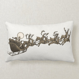Vintage Antique Sepia Santa Sleigh Reindeers Lumbar Cushion