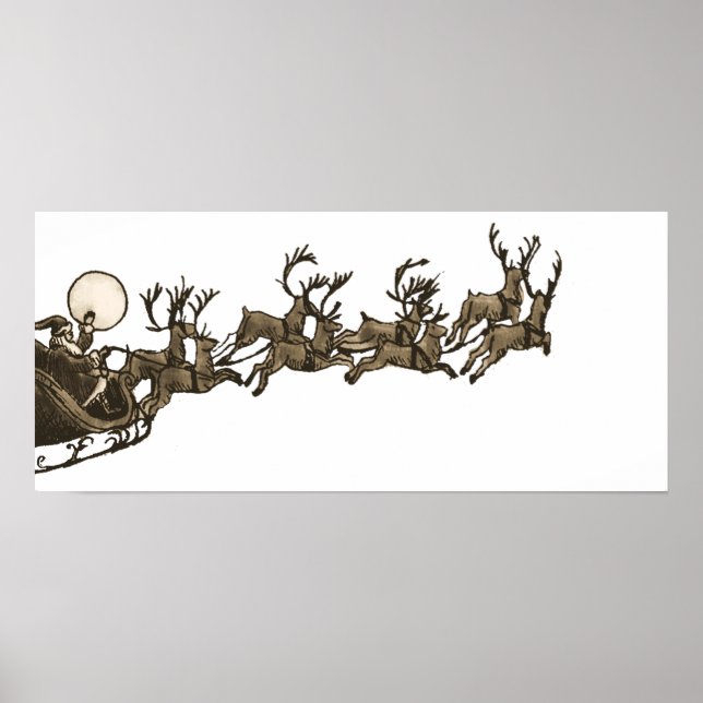 Vintage Antique Sepia Santa Sleigh Reindeers Poster (Front)