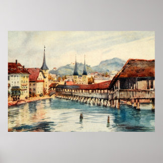 Vintage Antique Switzerland Lucerne Chapel Bridge Poster