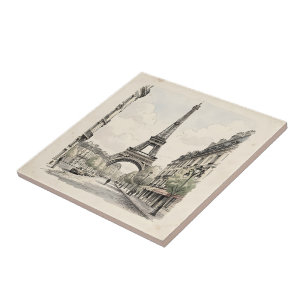 Vintage antique travel illustration of Paris Ceramic Tile