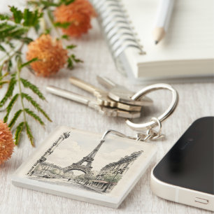 Vintage antique travel illustration of Paris Key Ring