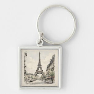 Vintage antique travel illustration of Paris Key Ring