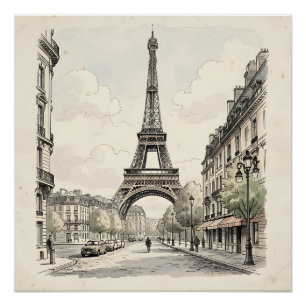 Vintage antique travel illustration of Paris Poster