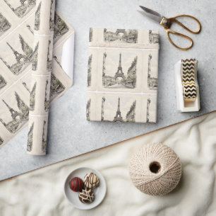 Vintage antique travel illustration of Paris Wrapping Paper