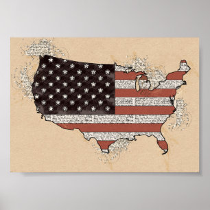 Vintage Antique USA Souvenir Flag Travel Art Map Poster