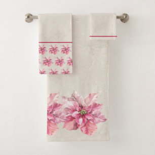 Vintage Antique White Background Pink Poinsettia Bath Towel Set