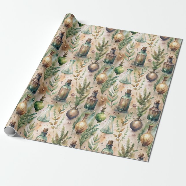Vintage Apothecary Bottles Pattern (4) Wrapping Paper (Unrolled)