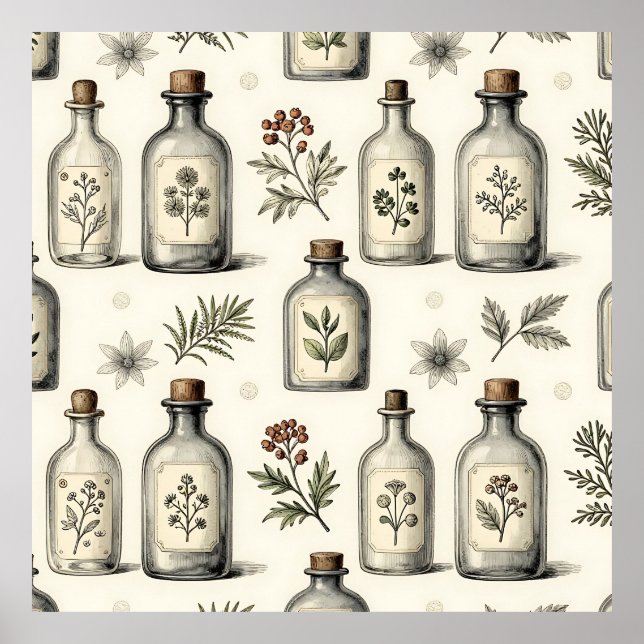 Vintage Apothecary Herb Bottles Pattern Poster (Front)