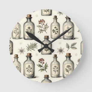 Vintage Apothecary Herb Bottles Pattern Round Clock