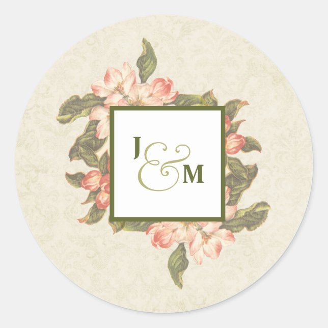 Vintage Apple Blossom Wedding | Initials Classic Round Sticker (Front)